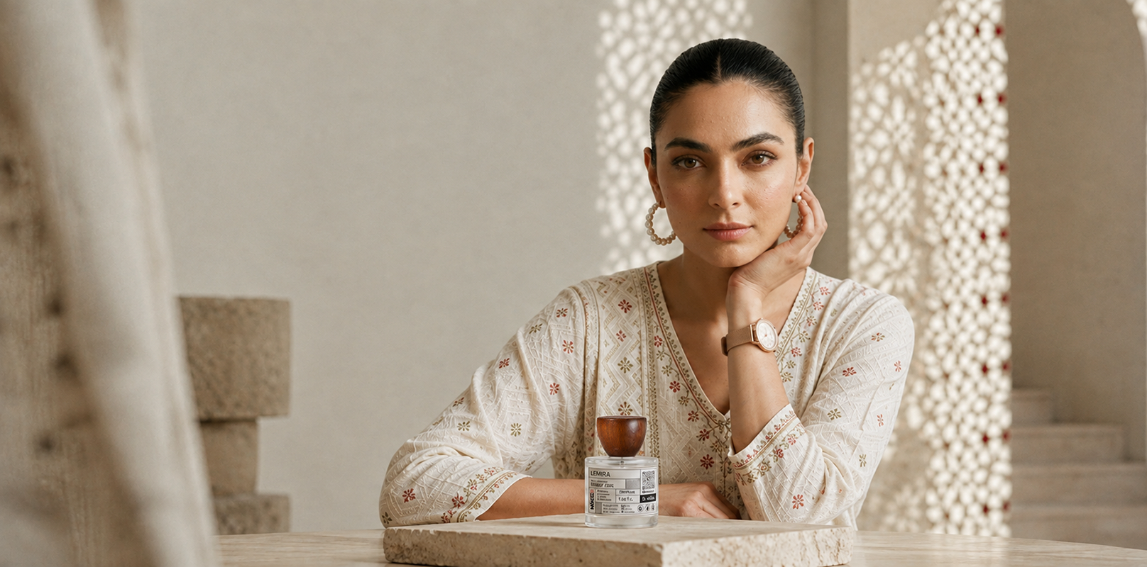 Woman seated at a marble table with a MUSE Atelier Lemira bottle, in a perfumer's studio