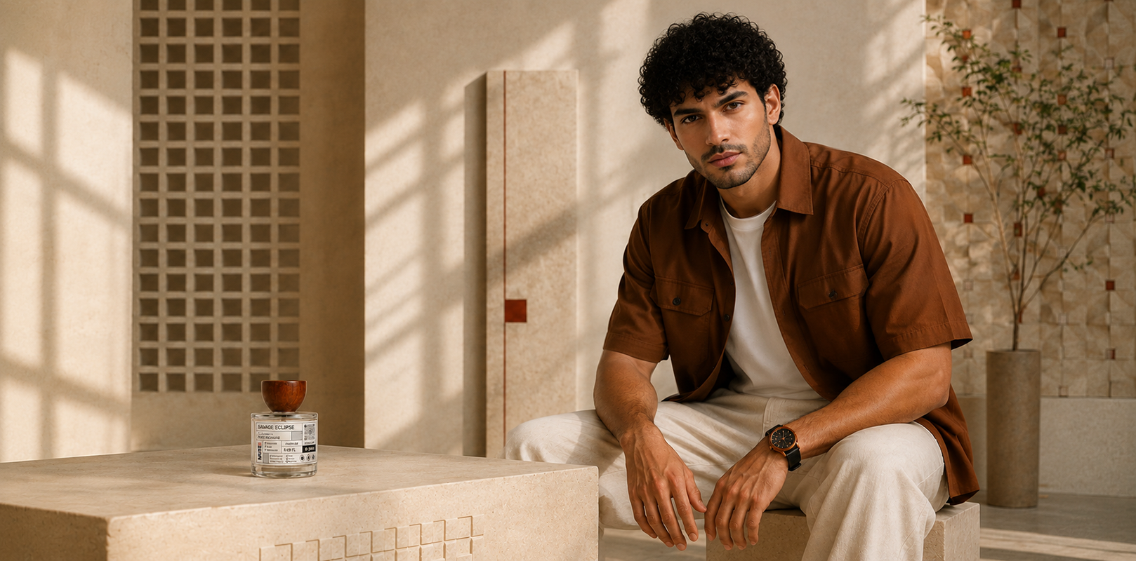 Model wearing a MUSE Atelier fragrance, studio portrait