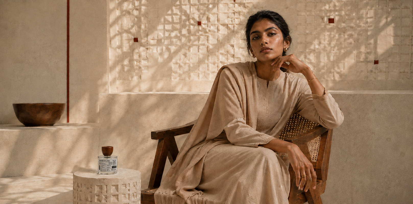 Model wearing a MUSE Atelier fragrance, studio portrait